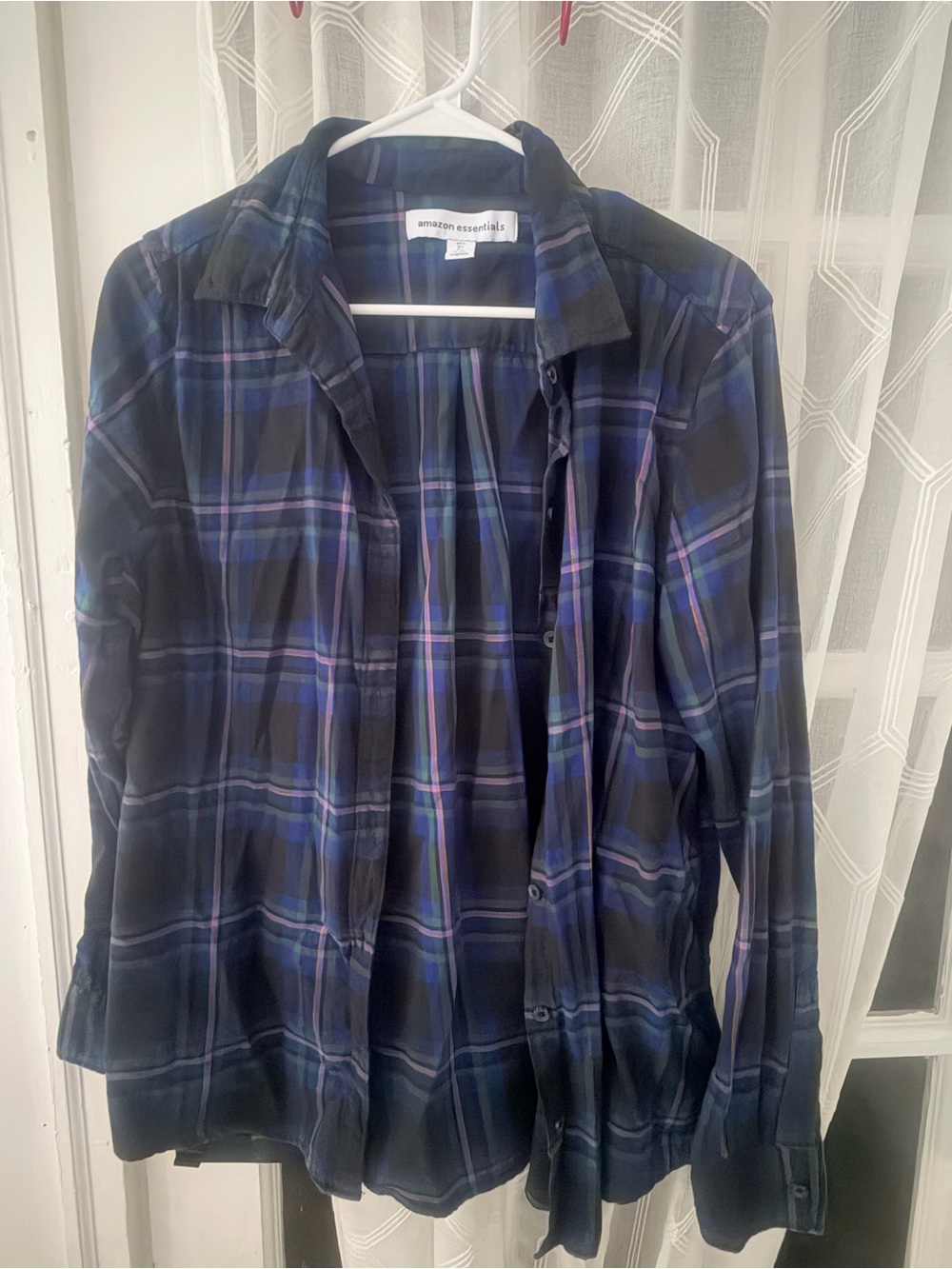 Amazon Essentials Women's Navy and Blue Plaid Button-Down Shirt